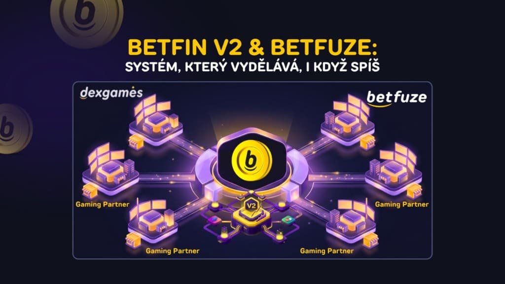 Betfin V2 a Betfuze – vizualizace ekosystému s gaming partnery a centrálním uzlem V2.